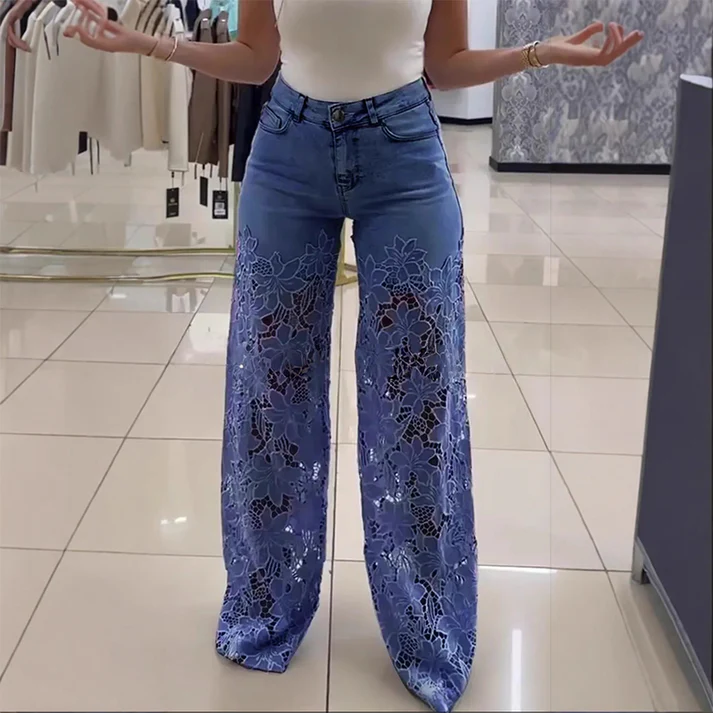 SoftRebel Dantel Detaylı Yüksek Bel Geniş Paça Jean